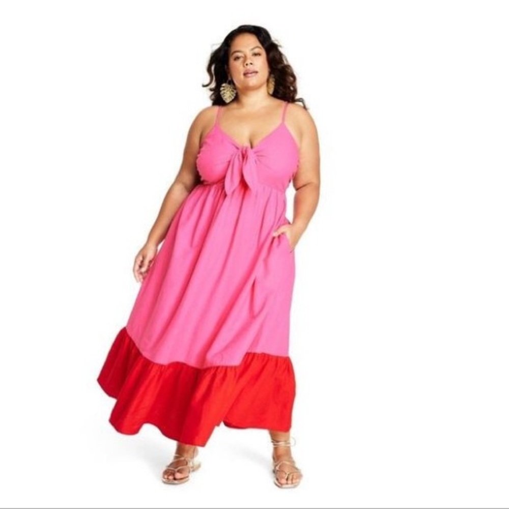 Pink Red Colorblock Ruffle Hem Maxi Dress L